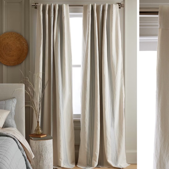 NWT QUINCE Set 2 48x96 Coastal Stripe Linen Cotton Room Darkening Curtains 4885